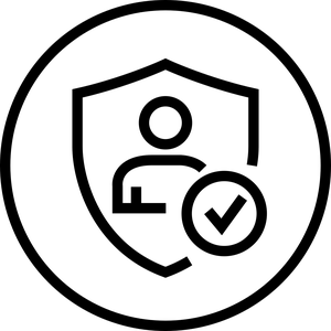 A line illustration icon of a shield with a person inside of it and a checkmark on the bottom right corner of the shield.