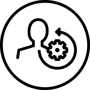 A line illustration icon of the outline of a person with a gear sitting next to it and an arrow circling the gear.