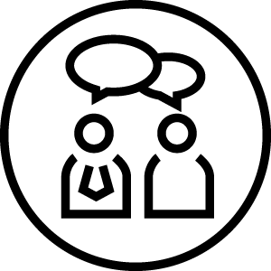 A line illustration icon of two people, one with a tie and one without, having a conversation.