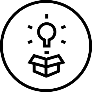 A line illustration icon of a box with a lightbulb above it.