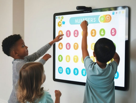 children interacting with screen